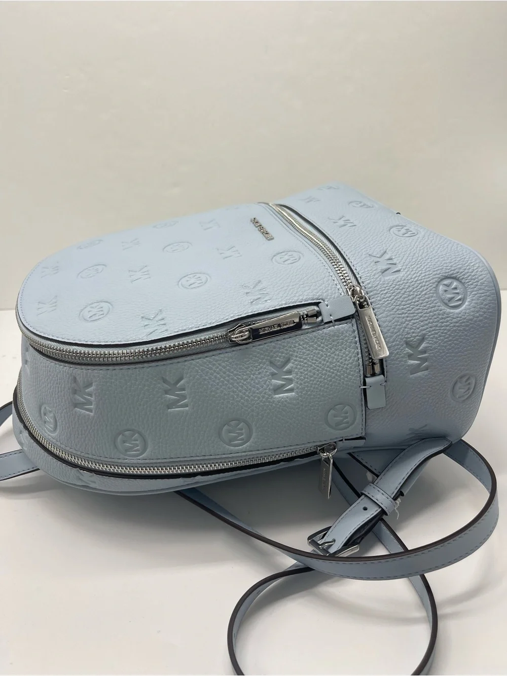 Michael Kors Rhea Medium Zip Logo Debossed Backpack Pale Ocean NWT